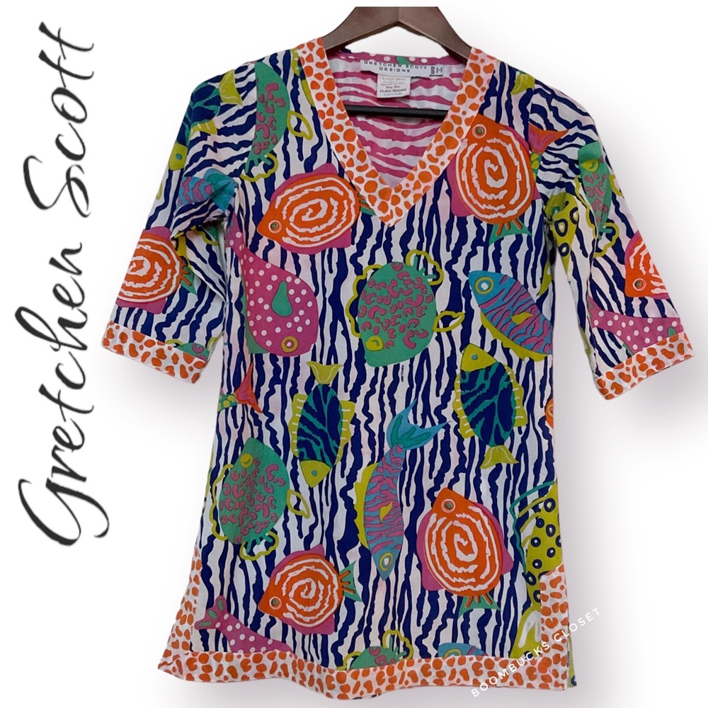 Gretchen Scott Spring Summer Colorful Fish Print Tunic Dress Size 10 / 12